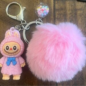 Cute Pink Fluffy Pom Keychain with Character Charm Ball Labubu